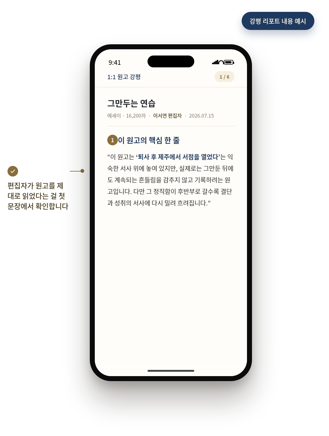 섹션 01 이 원고의 핵심 한 줄 강평 화면 예시